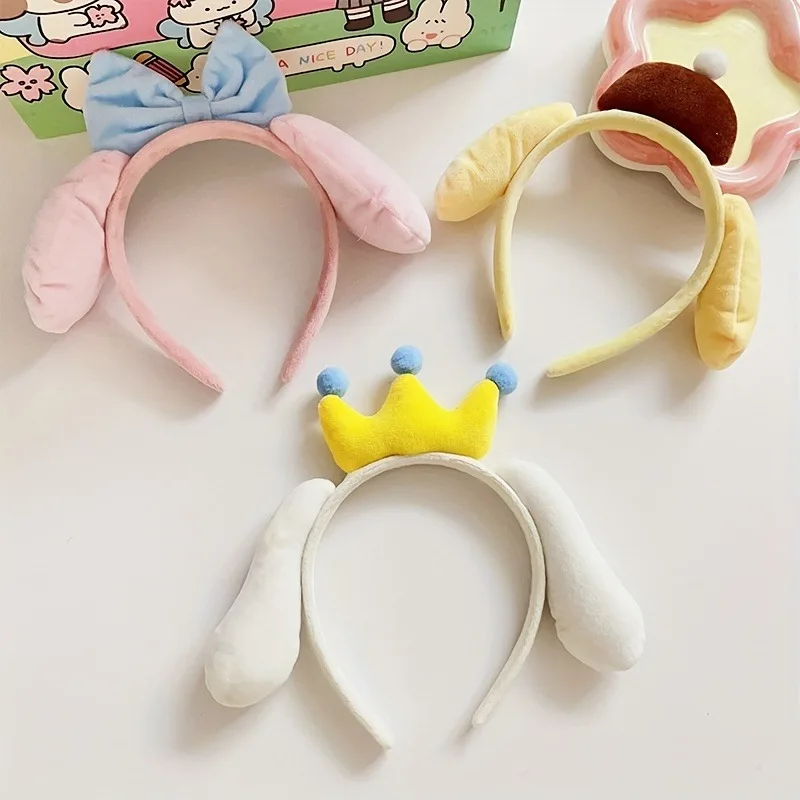 Adorable Anime Cinnamoroll Ears Headband Plush Hair Band Cute Crown Bow Decor Headdress Nonslip Head Hoop For Women Girls