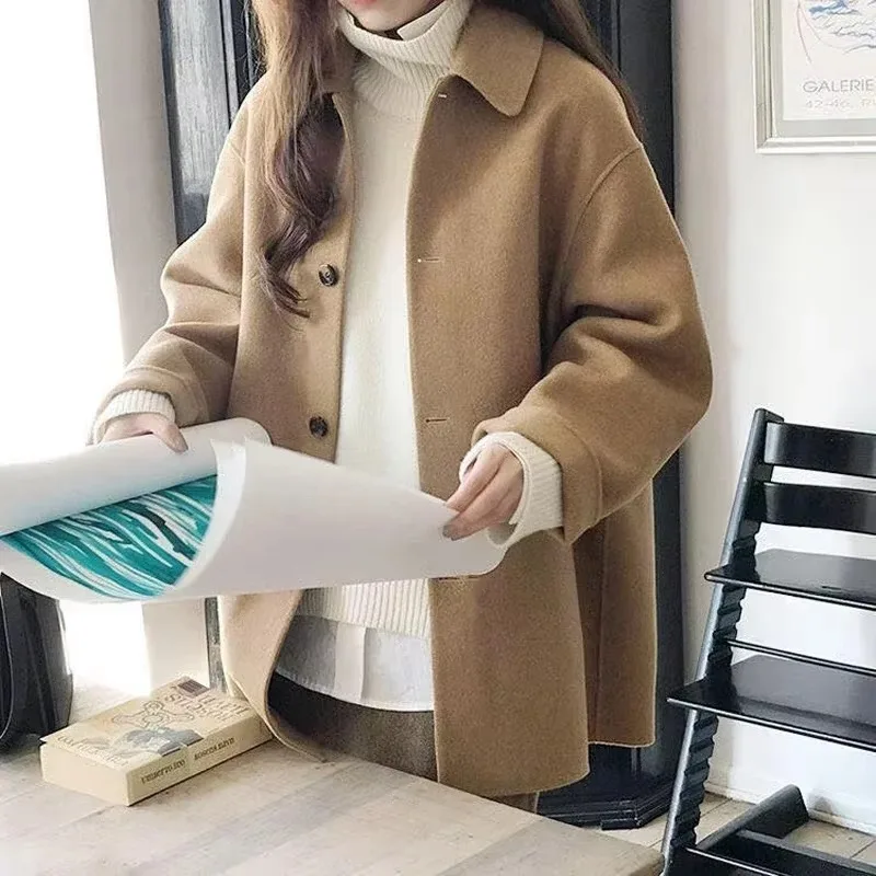 2024 Women Autumn Short Wool Coat Winter Single Breasted Fashion Turn Down Female Blends Long Sleeve Causal Loose Black Outwear