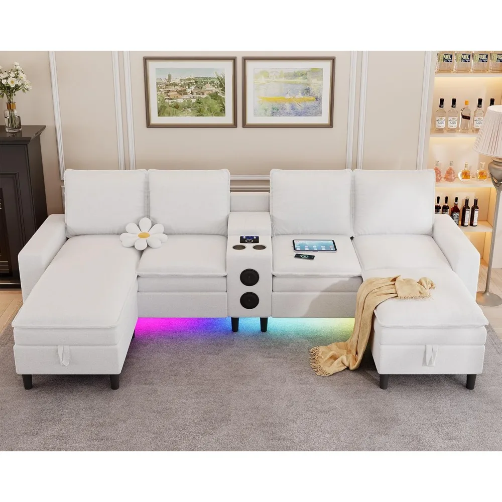 أرائك مقطعية لغرفة المعيشة، أريكة مقطعية مكونة من 4 مقاعد مع وحدة ذكية - مكبر صوت بلوتوث / ضوء RGB / محطة شحن #2