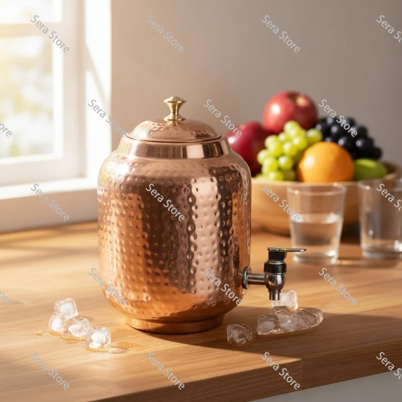 Pure Copper Indian Water Pot, Traditional Handcrafted, Distressed Antique, 4.8/5.5/10.5L, Single Piece