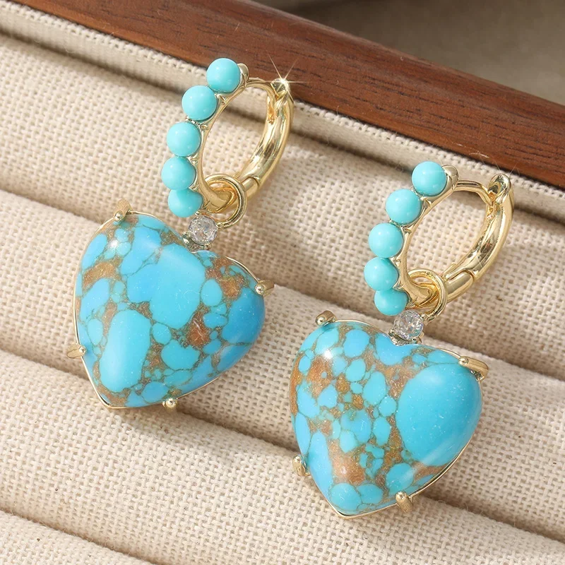 Schöne herzförmige synthetische Türkis-Ohrhänger für Damen, böhmische Mode, tägliche Anhänger-Ohrringe, Schmuck, Geschenke für Liebhaber