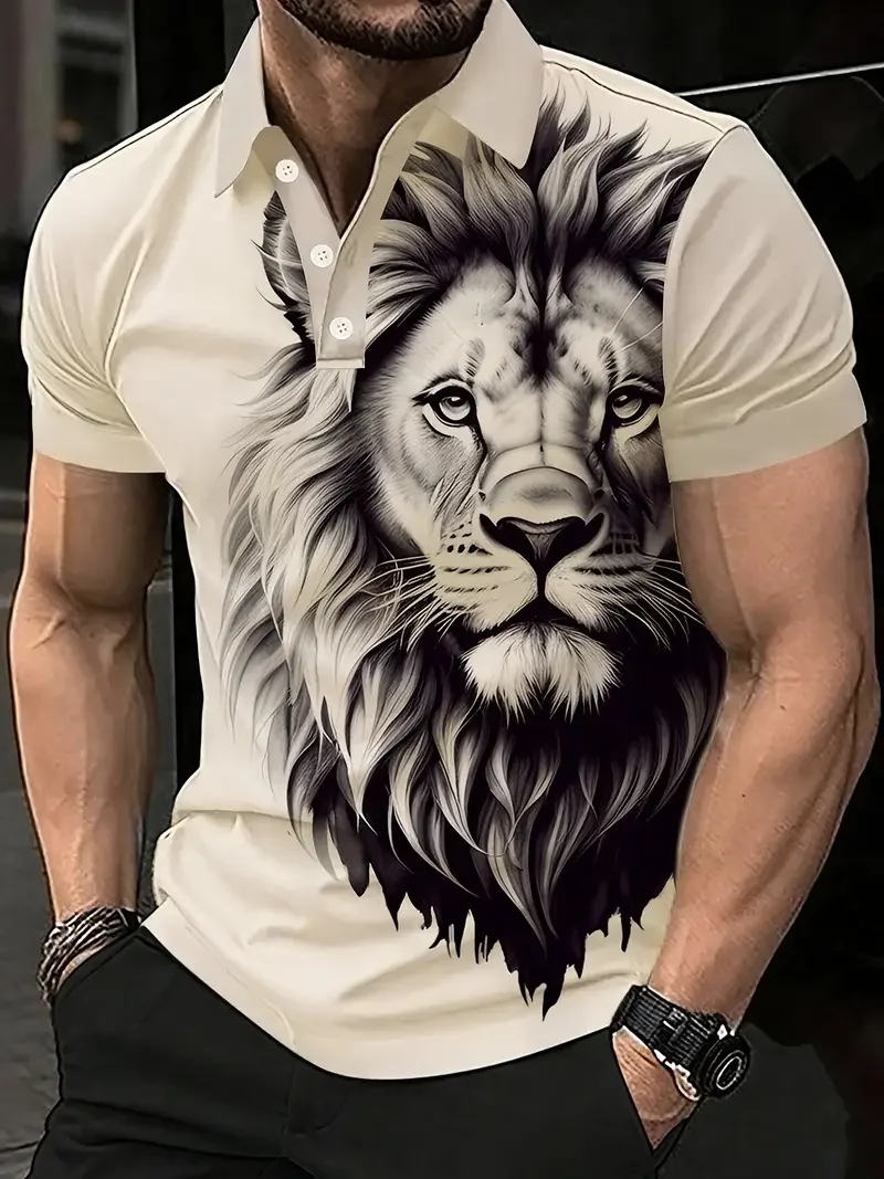 Wolf Lion Animal Print 3D Printed Men\'s Polo Shirt Fashion Comfort Golf Tennis Tops Summer Oversized Cool Button Clothing