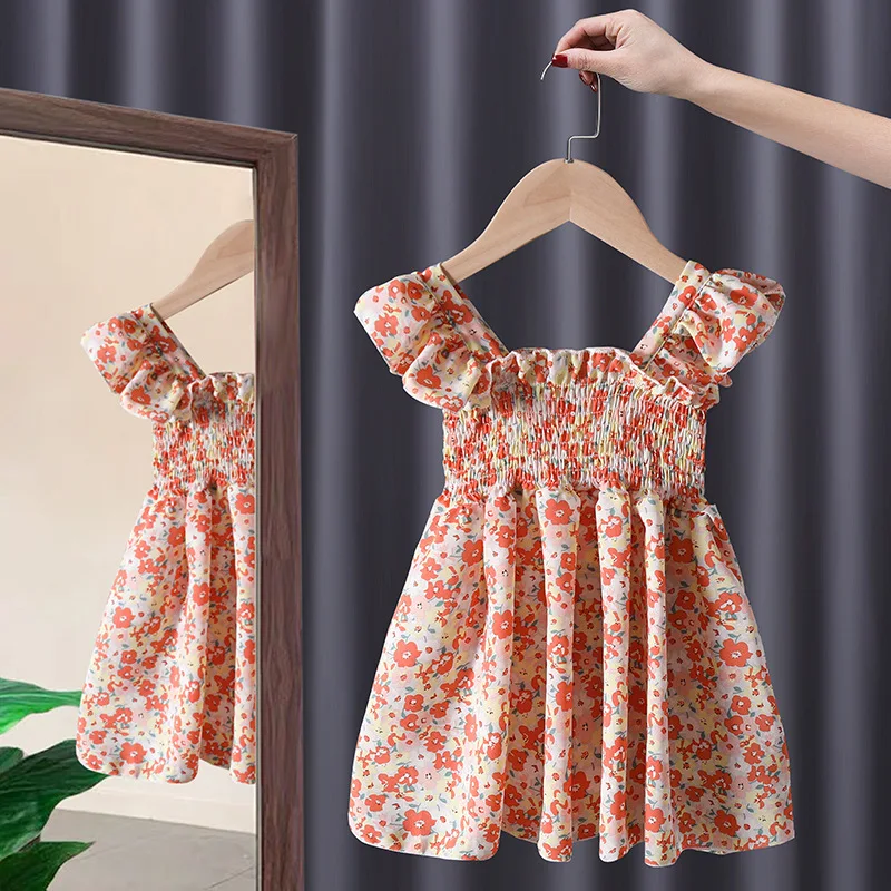 

Children's Clothing Girls' Dress2024Summer New Floral Chiffon Flying Sleeve Sling Princess Dress Western Style Children Shirt