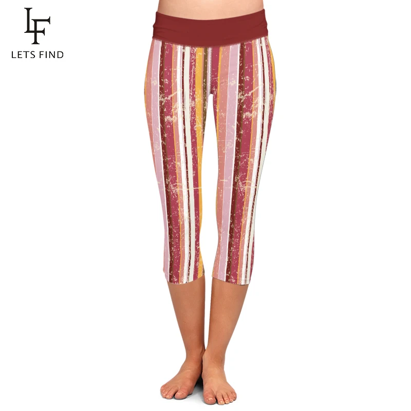 LETSFIND New Women High Waist Capri Leggings Fashion Casual Striped Printing Mid-Calf 3/4 Stretch Leggings for Summer