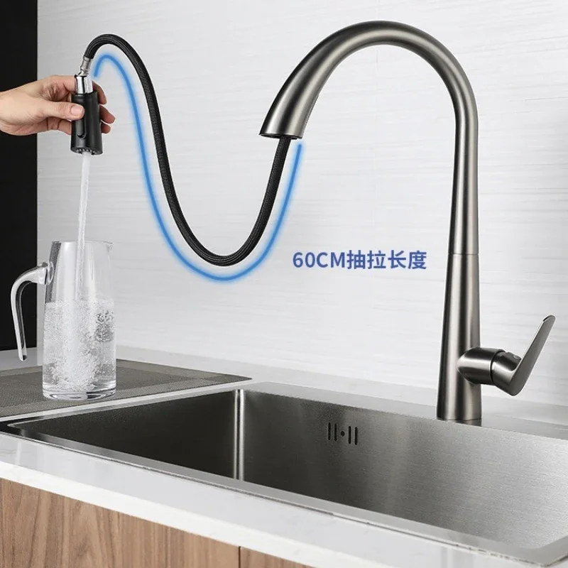 Kitchen Hot and Cold Faucet Pull-Out Stainless Steel Dual Outlet Sink Faucet Mixer Tap 360-Degree Rotatable Kitchen Faucet
