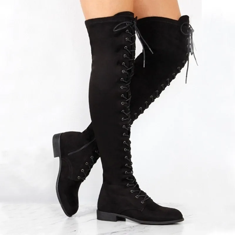 2022 Women Over The Knee Boots Sexy Fashion Lace-Up Winter Warm Knight Thigh Tall Boots Solid Color Ladies Over The Knee Botas