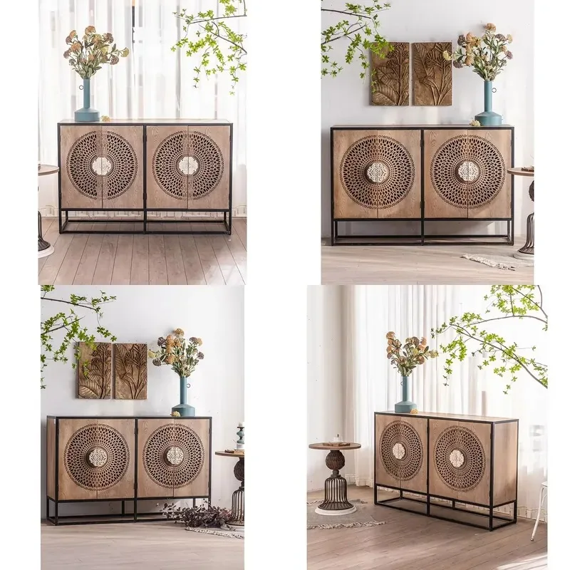 Industrial Art Engraved Door Sideboard Retro Country Furniture 4 Doors Large Space Locker with Iron Frame