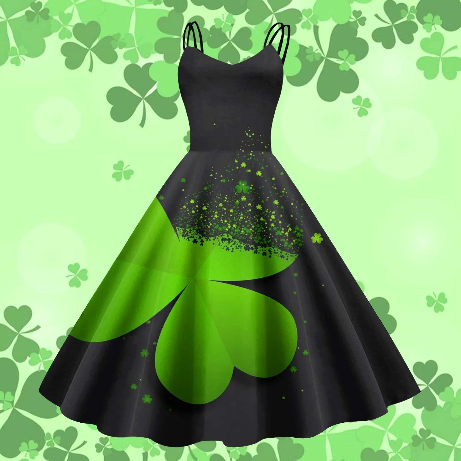 Saint Patricks Pat St Paddys Day Shamrock Clover Pattern Printing Strap Big Swing Dress Ball Gown Dresses For Evening Party Prom