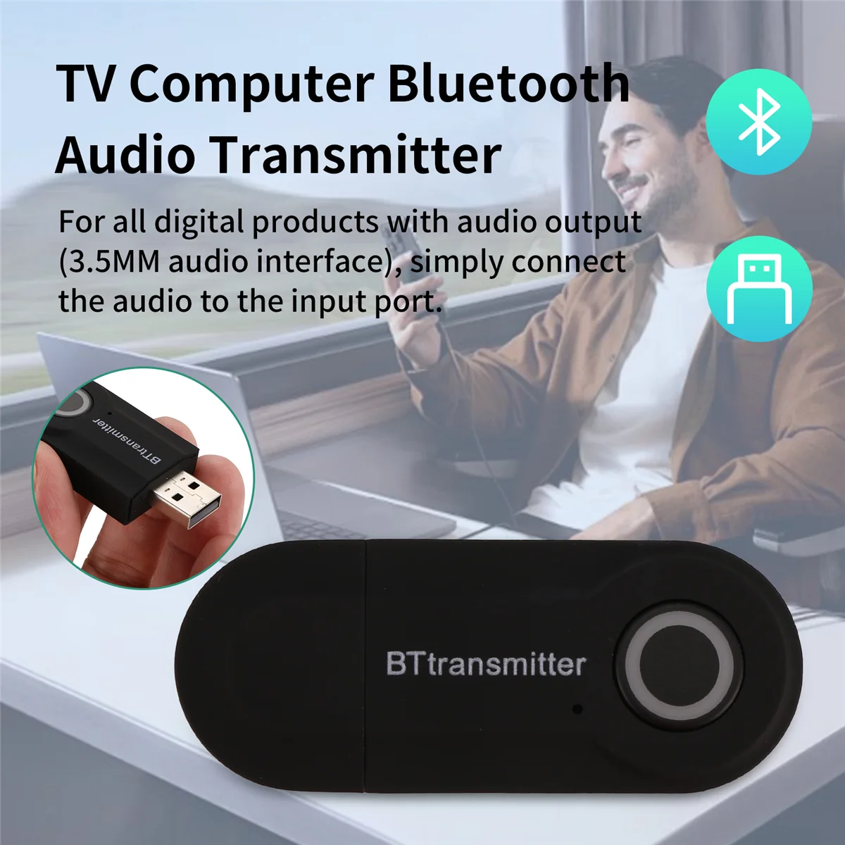 Adaptador Bluetooth 5,0, receptor transmisor de Audio inalámbrico Bluetooth para PC/TV/coche, Adaptador emisor de música RX auxiliar de 3,5mm