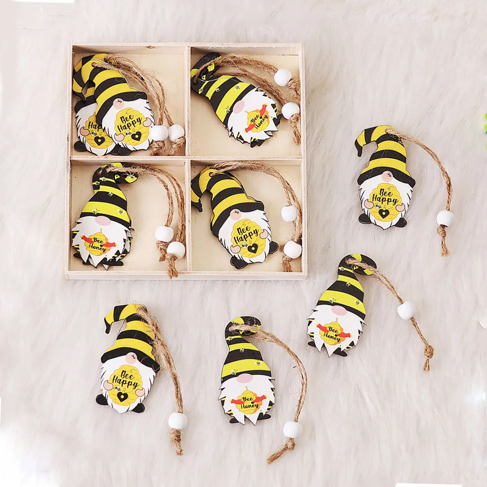 12pcs/box Bee Gnome Hanging Ornament Spring Summer Decoration Yellow Honeybee Gnome with Hat Pendant for Birthday Party Decor