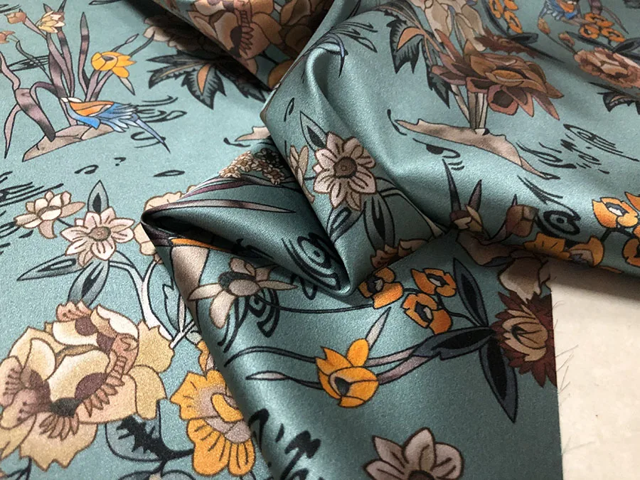 19 Momme High Quality Real Silk Spandex Satin Fashion Cloth Flowers and Birds Digital Inkjet Designer Fabric