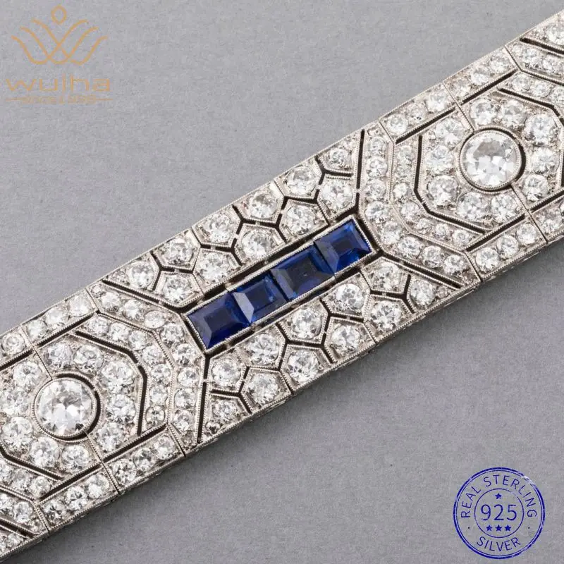 

WUIHA Vintage 925 Sterling Silver Lab Sapphire High Carbon Diamonds Gemstones Bracelet Bangle Cocktail Fine Jewelry Wholesale