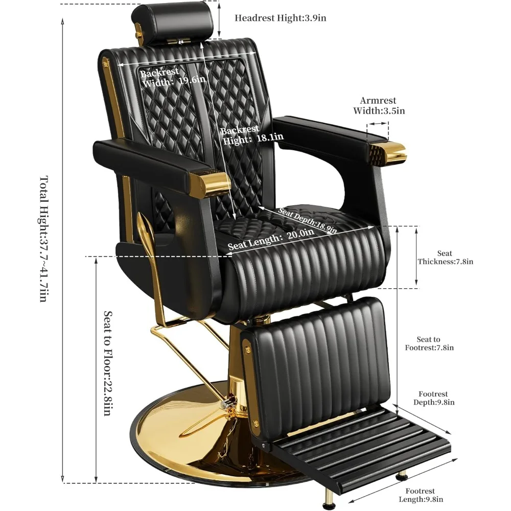高級クラシックな黒と金の理髪椅子、リクライニングと取り外し可能なヘッドレスト付き