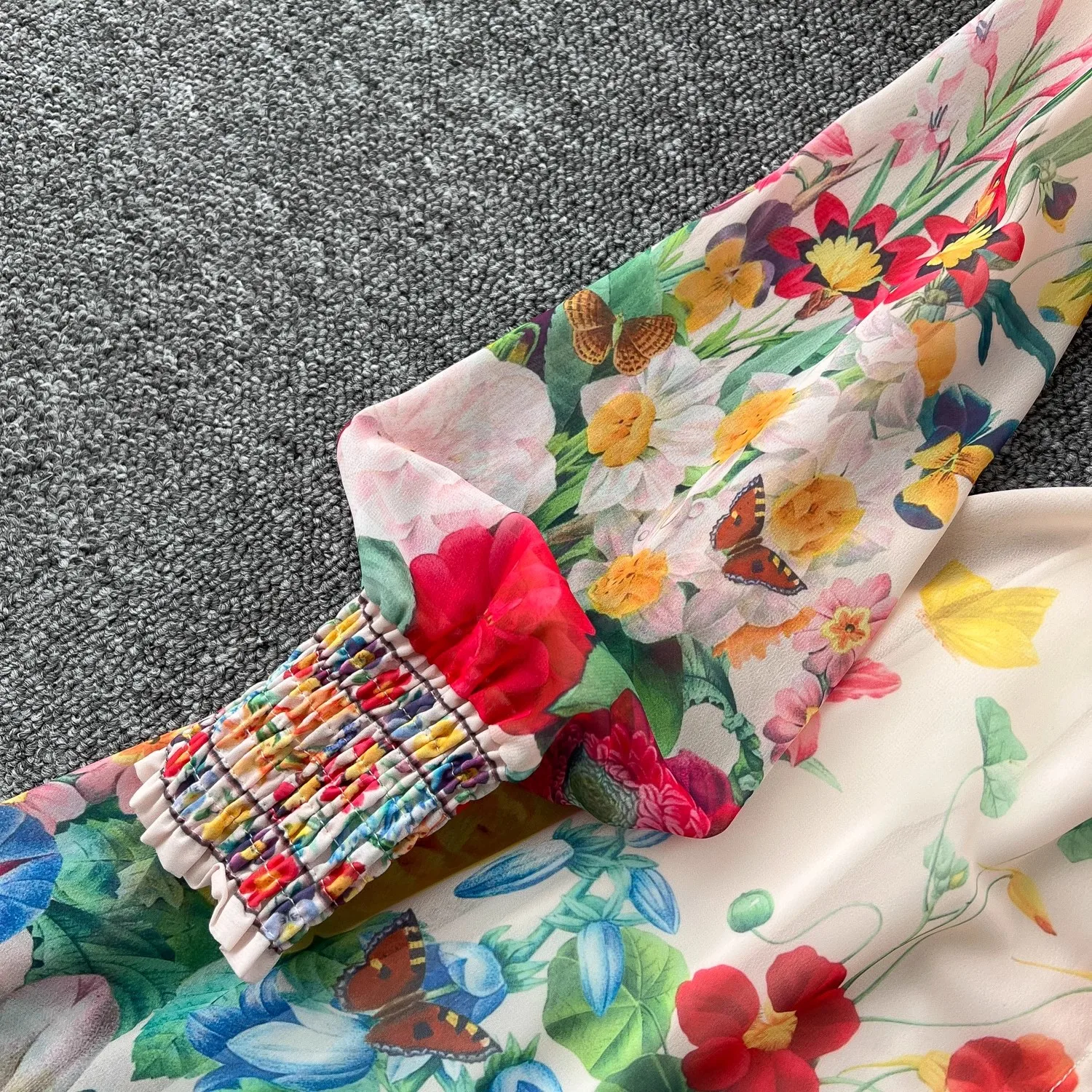 Moda lindo flor chiffon maxi babados vestido feminino sexy decote em v profundo manga longa lanterna floral impressão boho robe vestidos