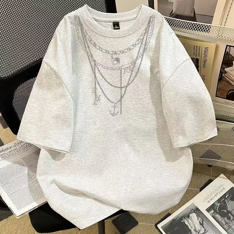 

Summer Necklace Print Men Short Sleeve O Neck T Shirt Cotton Highstreet Fashion Casual Student Couple Loose Clothing Black White