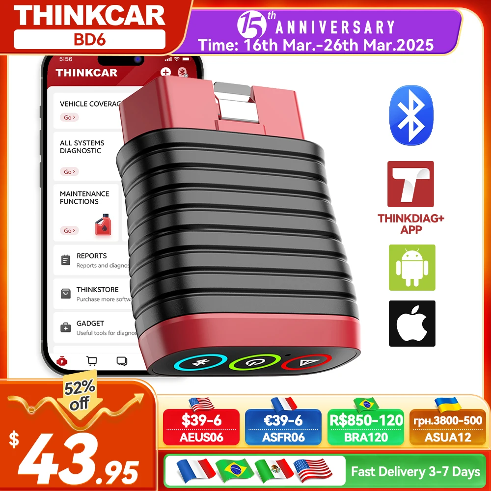 THINKCAR BD6 obd2 Scanner Bluetooth Diagnostic Full System Diagnosis 5 Reset Function Scan Tool Lifetime Free for All Cars