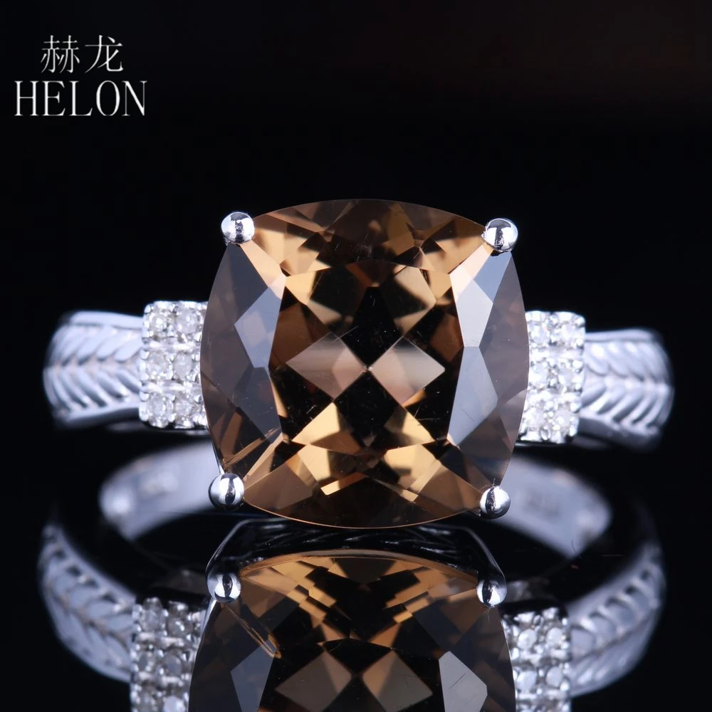 HELON Vintage Sterling Silver 925 Cushion 10mm Genuine Smokey Quartz Topaz Diamonds Engagement Ring Gemstone Trendy Jewelry