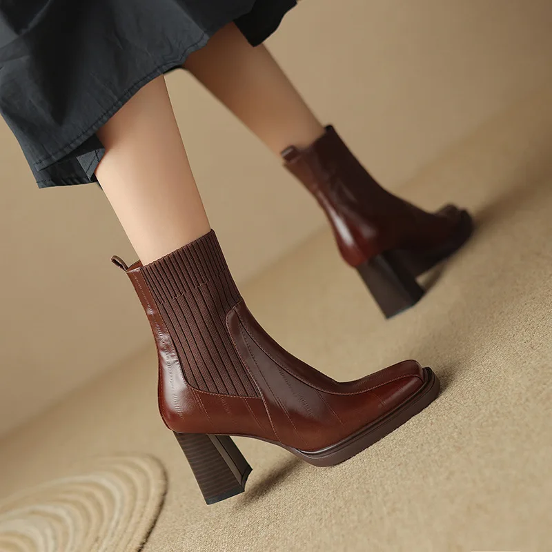 2023 New British Style Brown Thick Heel Short Boots Square Head Martin Boots Cover Foot Single Boot Woolen Boots Women's Boots