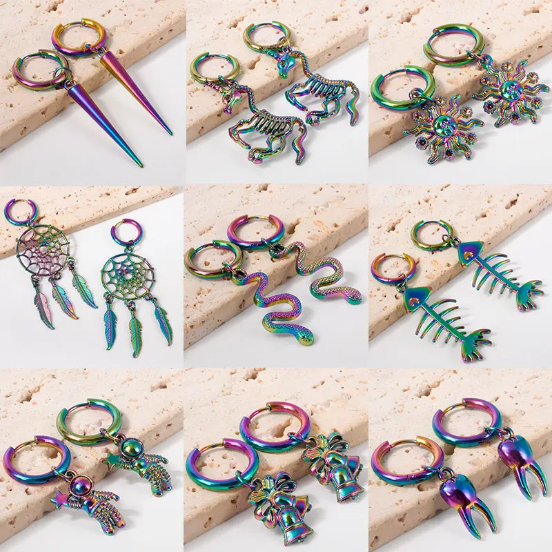 1/10pair Multistyle Rainbow Ear Jewelry Stainless Steel Hoops Fashion Alloy Snake Sun Dream Catcher Charm Earrings For Women Men