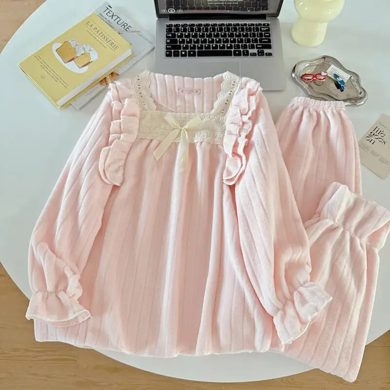 

Женский пижамный комплект из кораллового флиса, весна-осень-зима, теплая удобная одежда для сна, уютная домашняя одежда, домашний костюм