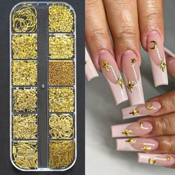 12Grids Gold Star Moon Glitter Nail Charms Metal Tips Slice Rivet Nail Art Decor 3D Multi-shapes Metallic Rivet Nail Accessories