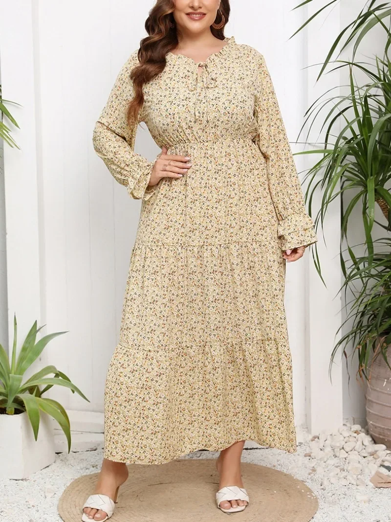 Women\'s Fashionable Chiffon Floral Super Fairy Casual Elegant Dress with Round Neck Petal Sleeves Fresh and Sweet Long Skirt
