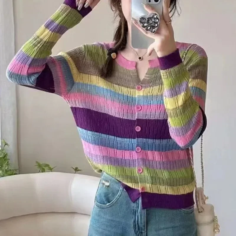 Rainbow Striped Round O Neck Knitted Sweater Woman Y2k Youth Hot Attractive 2024 Trend Trending Fashion Light Cardigan for Women