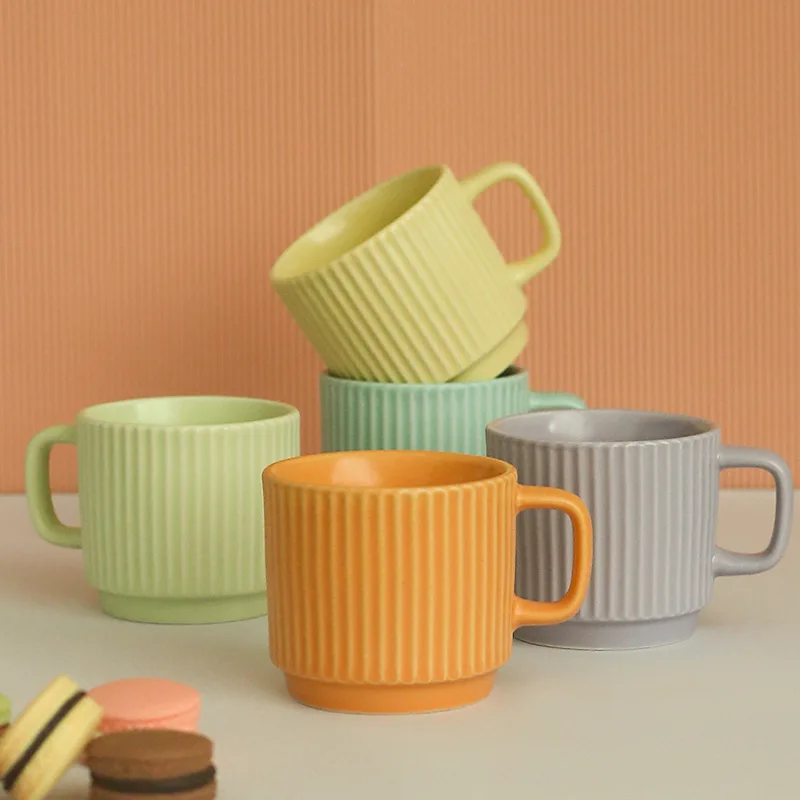 

Modern Minimalist Style Macaron Striped Ceramic Mug Office Household Drinking Cup Breakfast Oatmeal Milk Coffee Cup Ceramic Mug