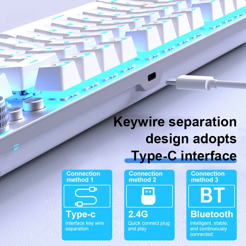 AULA 블루투스 무선 기계식 키보드, 3 가지 모드, 금속 패널, 2 색 사출 성형, 멋진 백라이트 효과, 87 키, F3001
