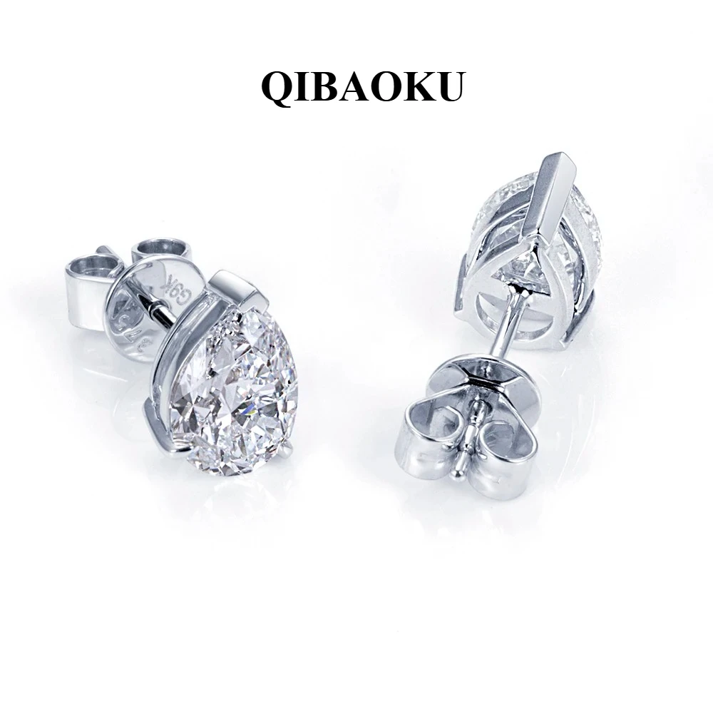 QIBAOKU 1CT Pear Shape Lab Grown Diamond 9K White Gold Stud Earrings For Women In Stock Support Diamonds Customization 2026