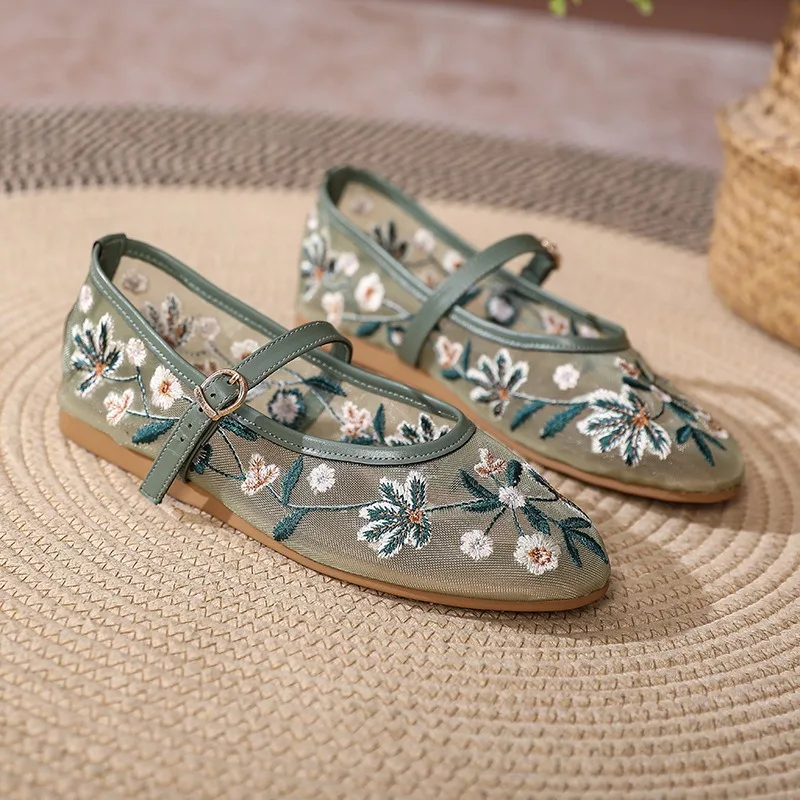 

Retro Women's Shoes Exquisite Air Mesh Embroidery Casual Shoes for Woman Fashion Ballet Flats Shoe Designer Shoes Zapatos Mujer