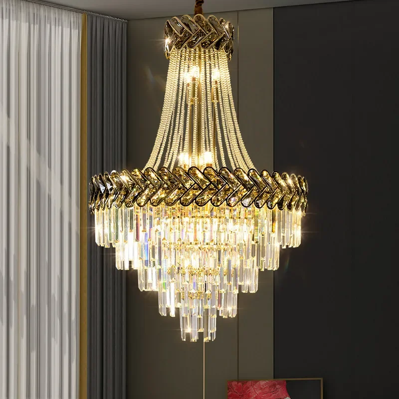 Crystal Chandelier for Living Room Duplex Villa Staircase Long Pendant Light for Middle Floor Hotel Lobby Restaurant Lighting