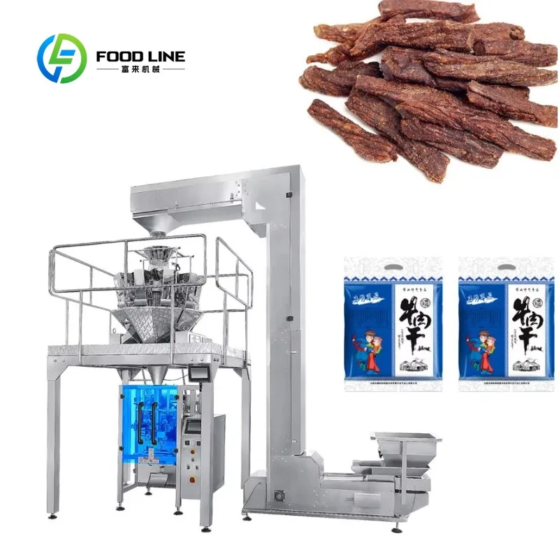 Machine d'emballage verticale multi-têtes personnalisée pour sachets en feuille, idéale pour la transformation de viande séchée (poulet, bœuf, porc, poisson) en usine.