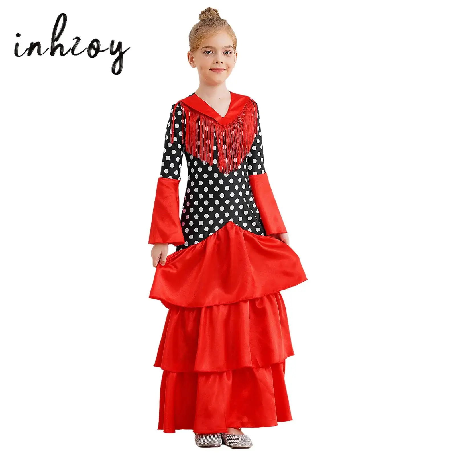 Kids Girls Flamenco Dance Dress Polka Dots Print V Neck Flared Sleeve Tiered Ruffle Dress Ballroom Modern Performance Dancewear