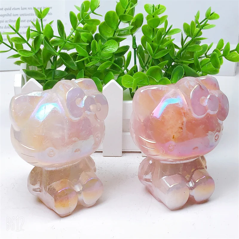 

Natural Aura Rose Quartz Cartoon KT Cat Carving Quartz Healing Crystal Stone Cute Birthday Present Home Decoration 1PCS