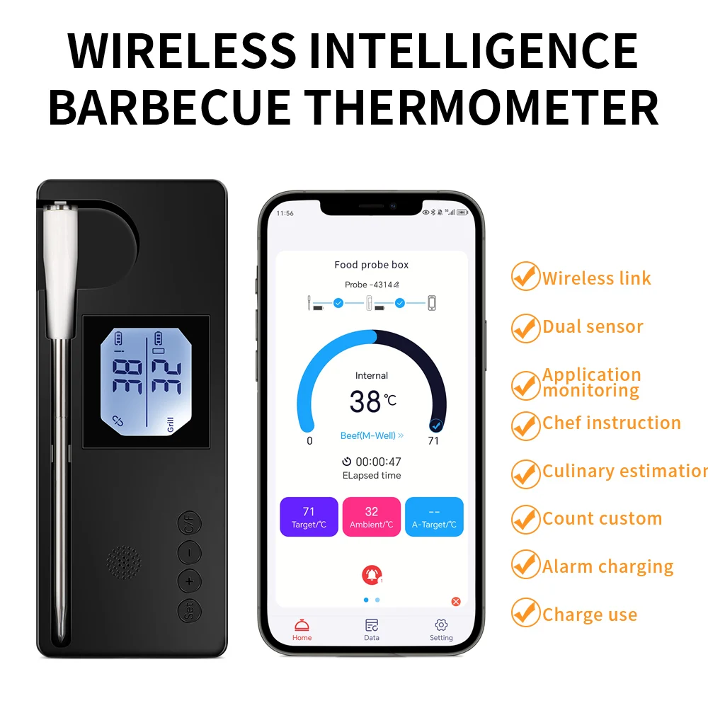 

New Wireless Meat Food Thermometer for Oven Grill BBQ Kitchen Smart Bluetooth Barbecue Digital Thermometer Temperature Monitor