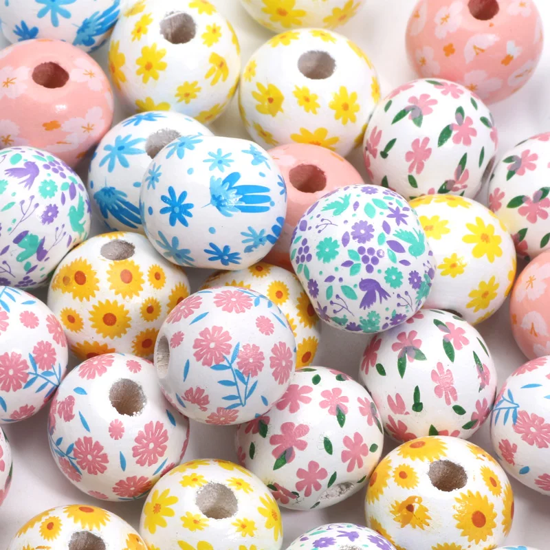 Multicolor Flower Pattern 16mm 10pcs Wooden Round Balls Spacer Beads For Jewelry Making DIY Handmade Decoration Pen Accessories