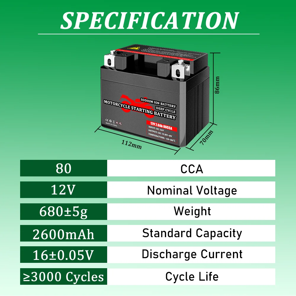 SelianEnergy 12V 2.6A Motorcycle Battery Sodium-ion Scooter Starter Battery 80CCA Na-ion 4S2P 18650 Cells EU US Ukraine NO TAX