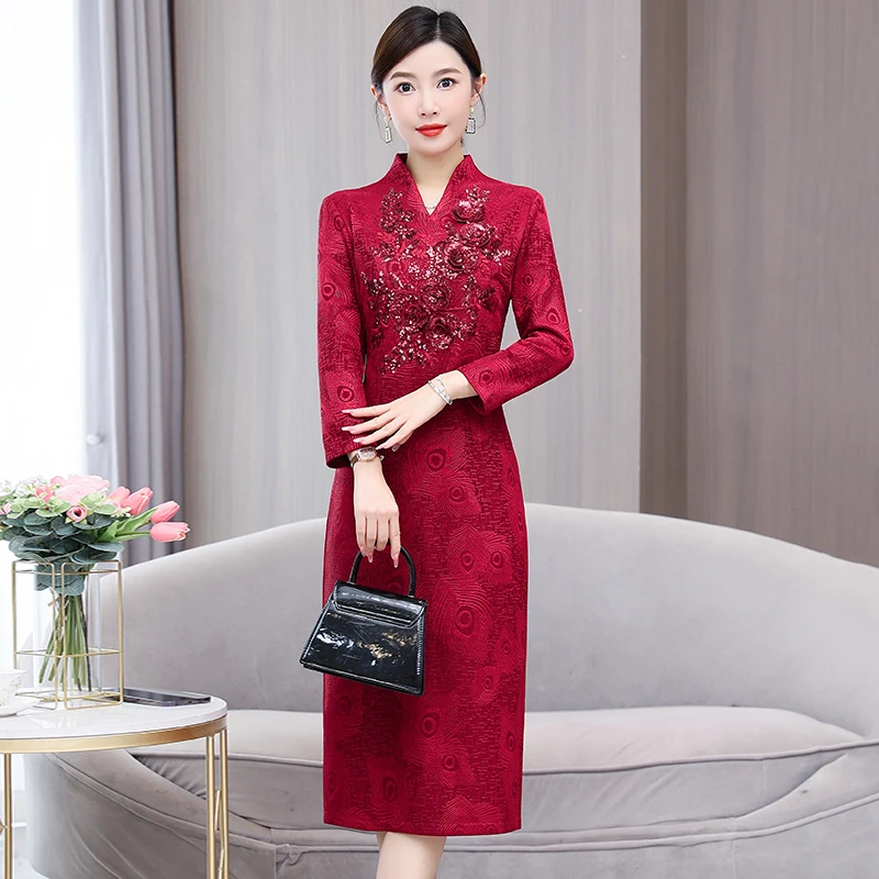 2023 New Fashion Red V-Neck Red Dress Women\'s Autumn Qipao Style Loose Fit Long Sleeve Holiday Wedding Dress Vestidos