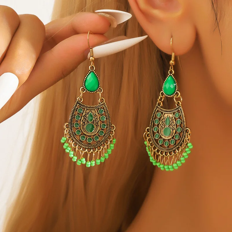 

Bohemian European and American Style Tassel Turquoise Earrings Vintage Ethnic Style Drop Earrings Personality Temperament Women'