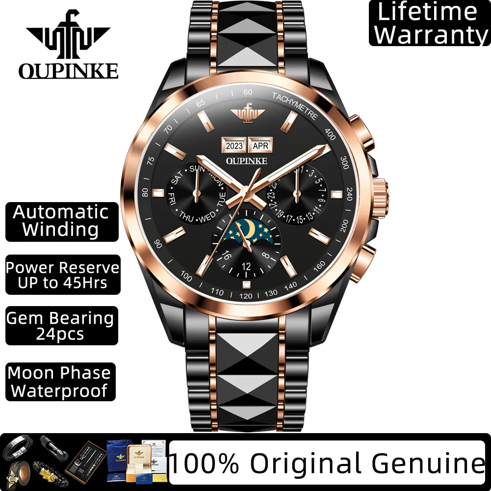 

OUPINKE Moon Phase Роскошные мужские часы Многофункциональные автоматические мужские часы Водонепроницаемые механические наручные часы из вольфрамовой стали 3238
