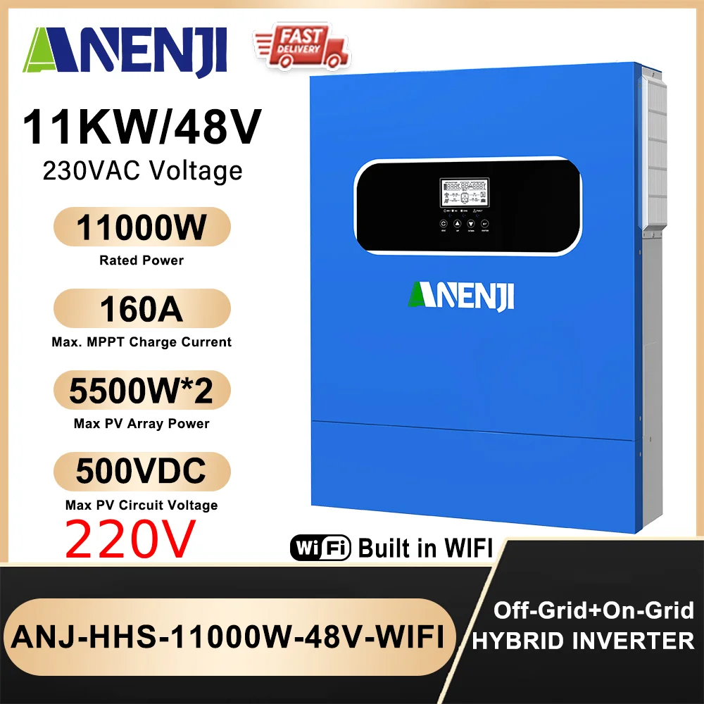 ANENJI 11KW 48V Hybrid Solar Inverter MPPT 160A PV 500V Solar Charge Controllers On/Off Grid With WIFI 