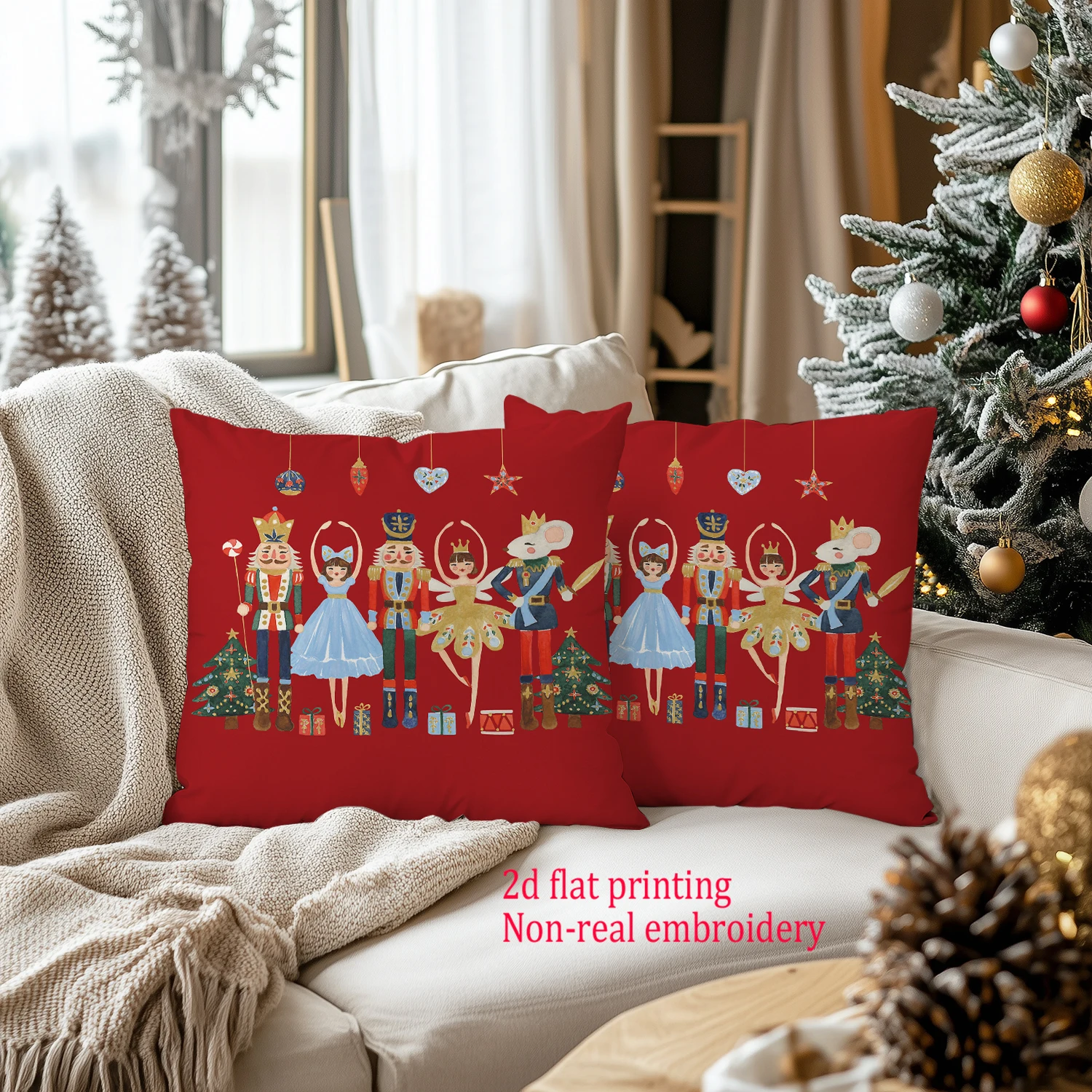 4pcs, 2D Flat Printing Merry Christmas Cushion Covers, Nutcracker Non-real Embroidery Winter Home Decor Throw Pillow Covers