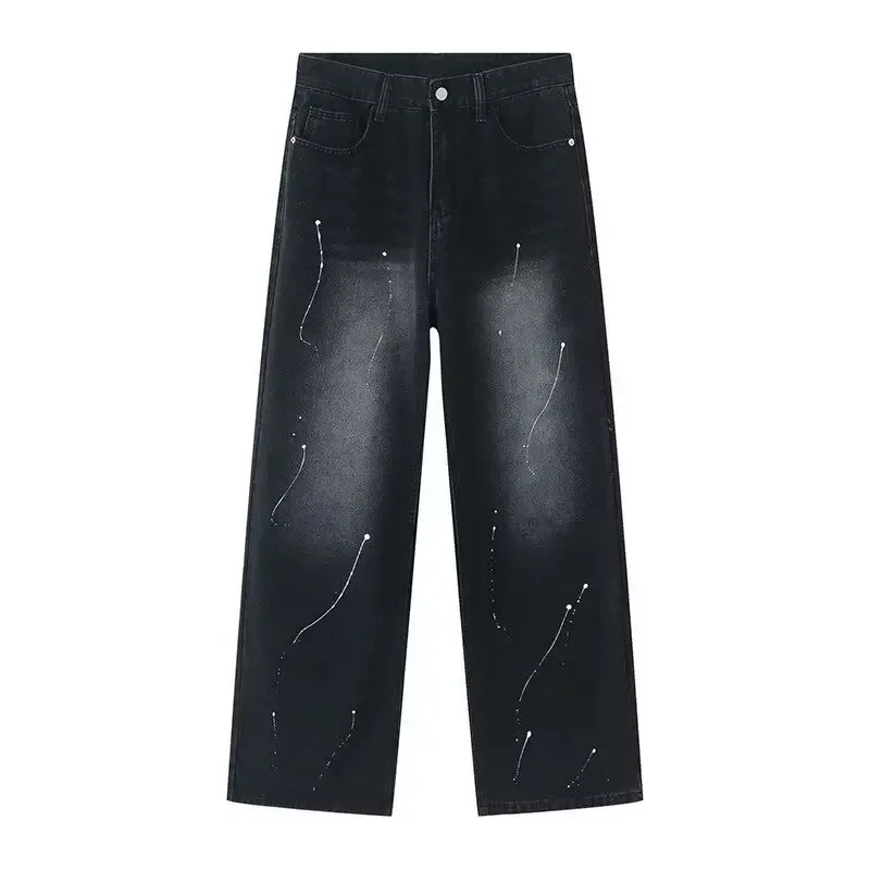 American Black Vintage Splashed - Ink Jeans, Men's Loose High - Street Straight - Tube Casual Long Pants สําหรับฤดูใบไม้ผลิและฤดูใบไม้ร่วง