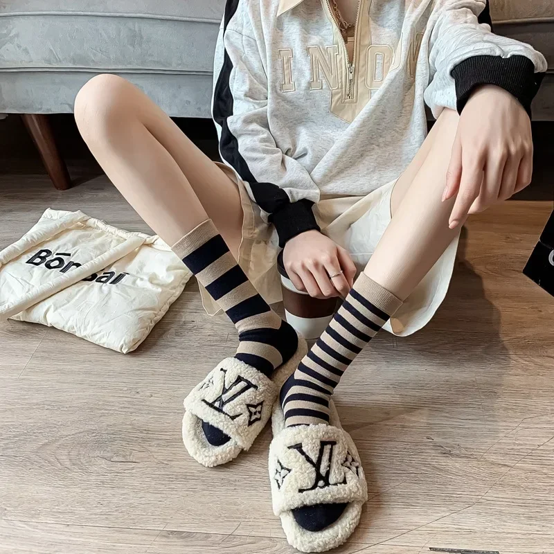 Combed Cotton Women Long Socks Harajuku Ins Japanese Korean Striped Socks Autumn Winter Fashion Casual Girls AB Socks High