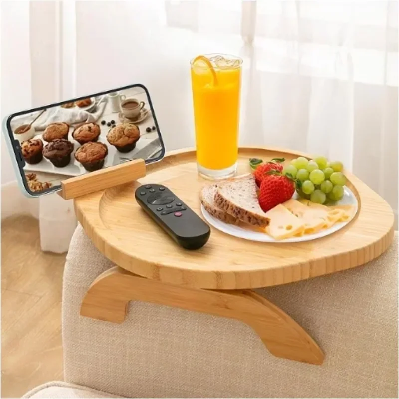 Foldable Bamboo Sofa Armrest Tray Portable Couch Cup Holder with Phone Holder Household Storage Rack Couch Arm Clip Table