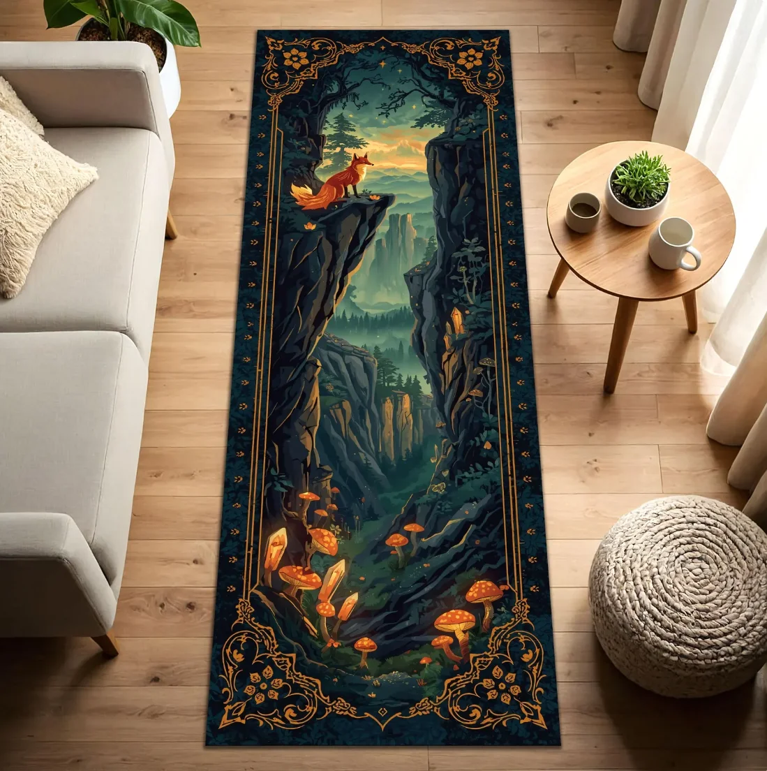 Neuankömmling Forest Long Runner Teppich Fox Glowing Mushroom Canyon Path Dunkelgrüne Fantasy-Matte Rutschfeste Wohnzimmer-Flur-Dekoration