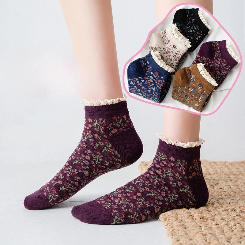 New spring and summer lace skin-friendly breathable boat socks retro style multi-color floral short-tube cotton casual socks