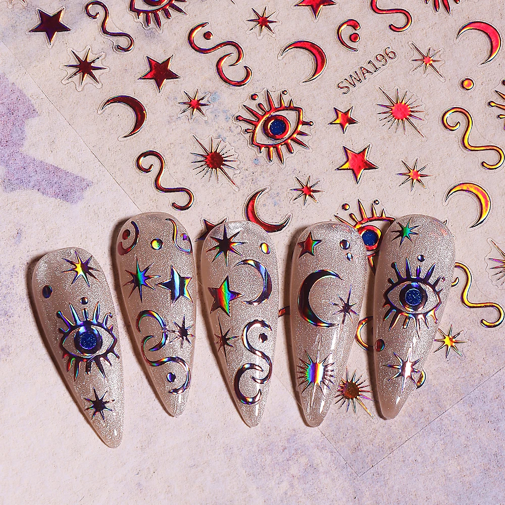 2/3 Stück Bohemian Style 3D Nagelkunst-Aufkleber Gold Silber Holographische Böse-Augen Nagelsticker Stern Mond Aufkleber DIY Nageldekoration – Detail 5