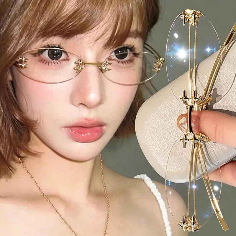 Slim Metal Oval Rimless Sunglasses Y2K Vintage Style Silver Gold Glasses Frame Women Men Spectacles Casual Fashion Decor Eyewear